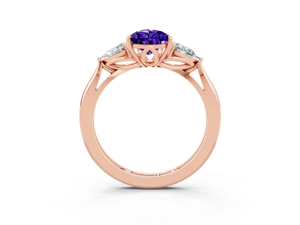Rose gold Three-Stone Pear Cut Tanzanite Ring with Pear  Side Stones in Four-Prong Setting