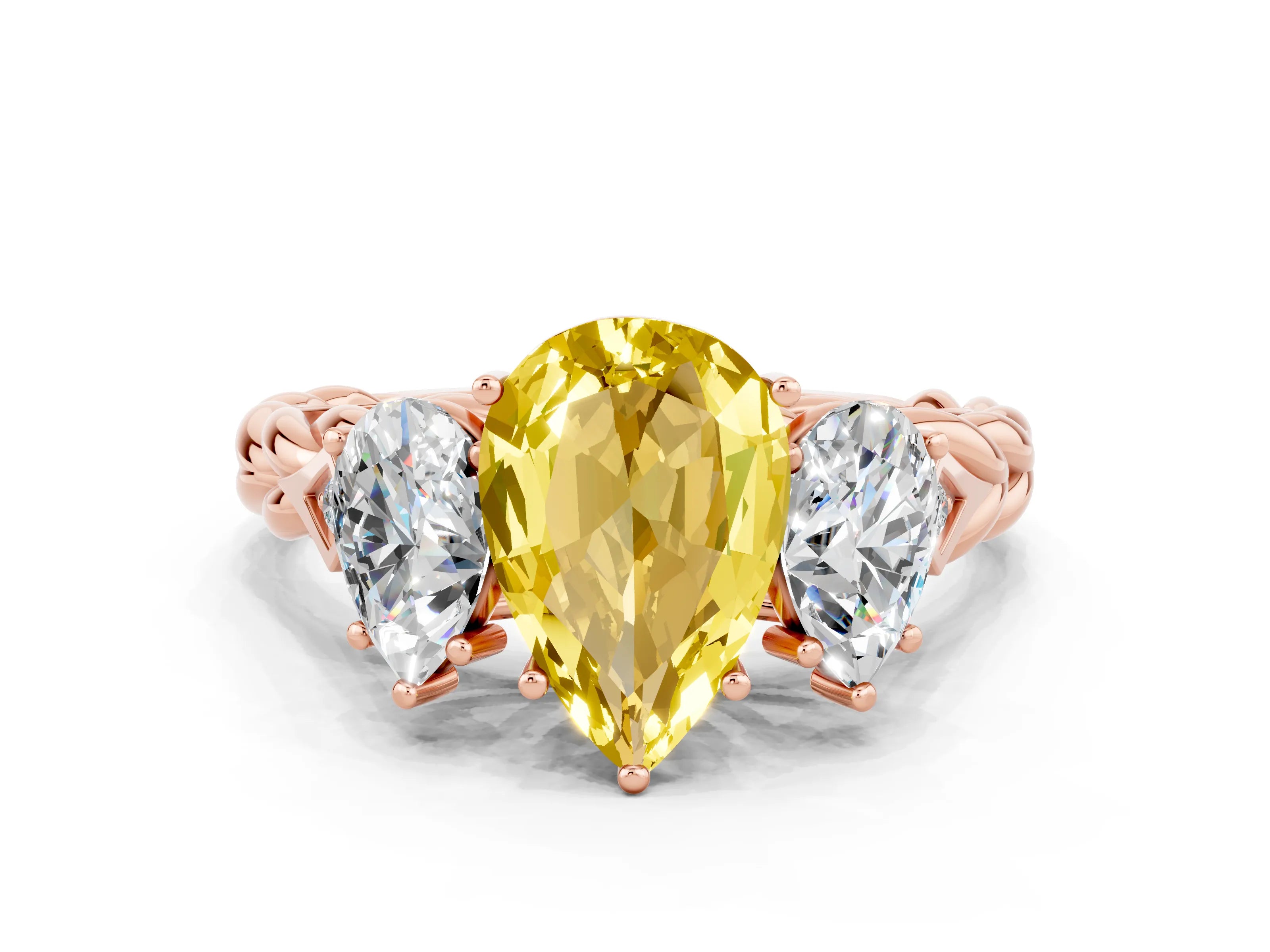 Rose gold Three-Stone Pear Cut Yellow Sapphire Braided Band Ring with Four-Prong Setting_36