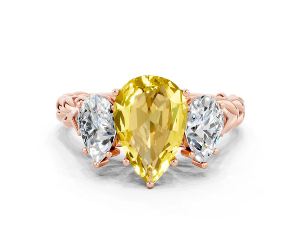 Rose gold Three-Stone Pear Cut Yellow Sapphire Braided Band Ring with Four-Prong Setting