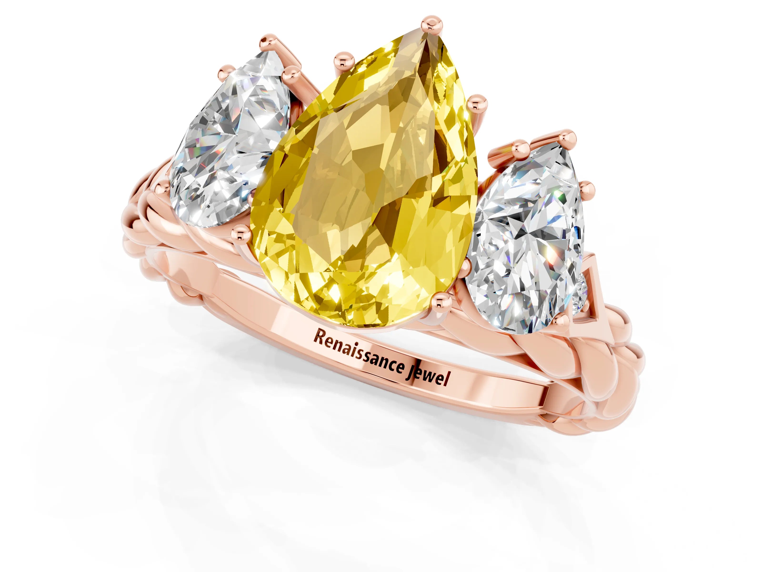 Rose gold Three-Stone Pear Cut Yellow Sapphire Braided Band Ring with Four-Prong Setting_37