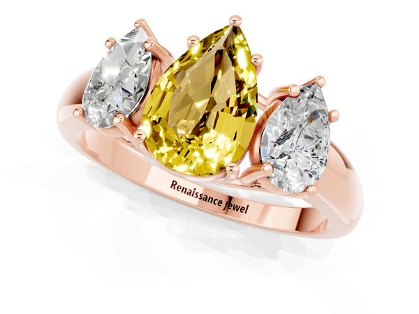 Rose gold Three-Stone Pear Cut Yellow Sapphire Engagement Ring with Prong Setting