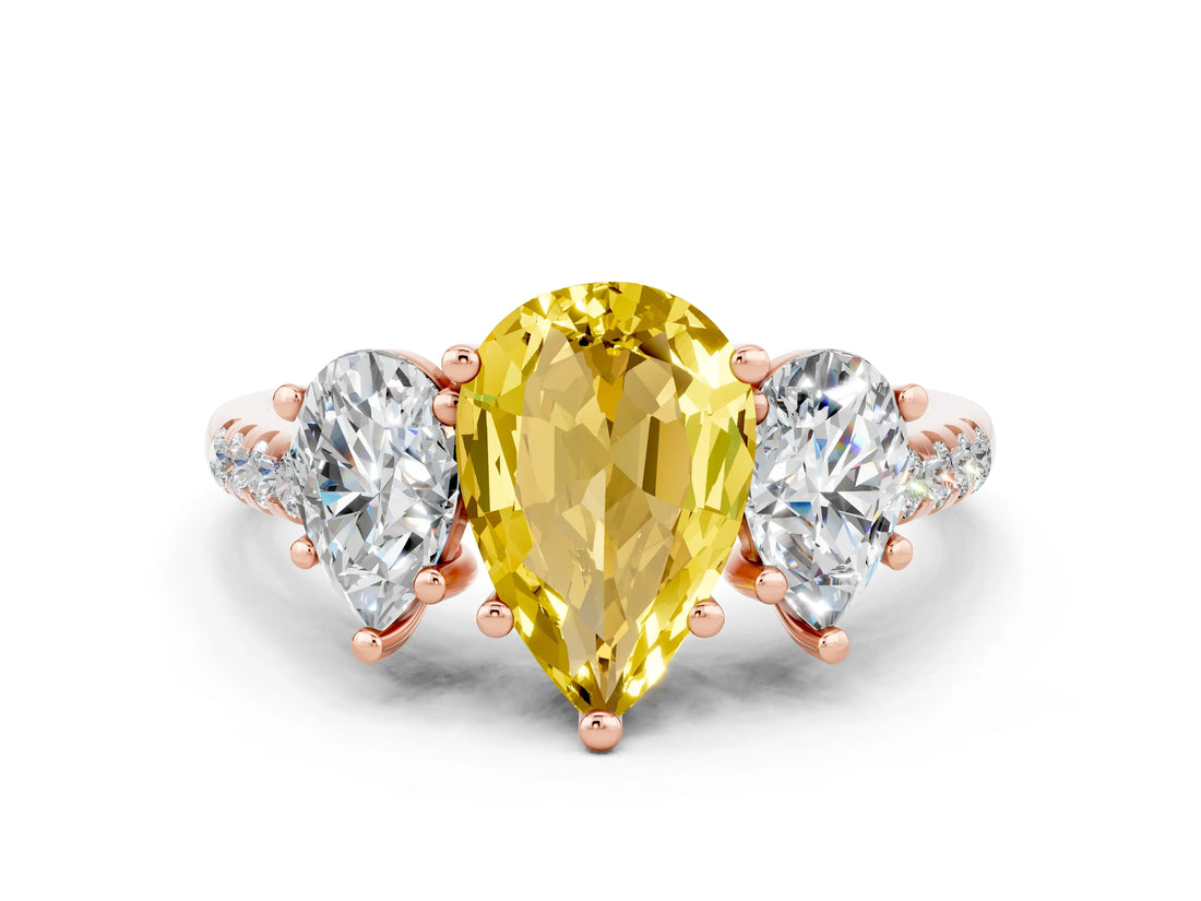Rose gold Three-Stone Pear Cut Yellow Sapphire Ring with Pavé Band and Prong Setting_36