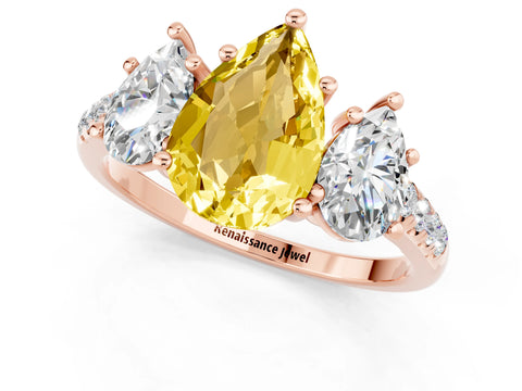 Rose gold Three-Stone Pear Cut Yellow Sapphire Ring with Pavé Band and Prong Setting_37