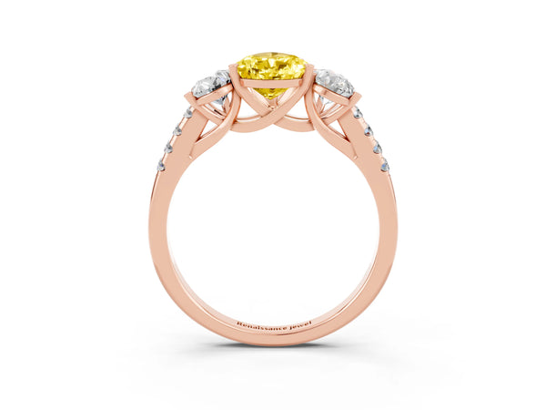 Rose gold Three-Stone Pear Cut Yellow Sapphire Ring with Round  Pavé Band and Prong Setting