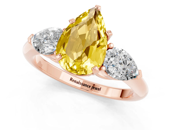 Rose gold Three-Stone Pear Cut Yellow Sapphire Ring with Pear Side Stones and Four-Prong Setting