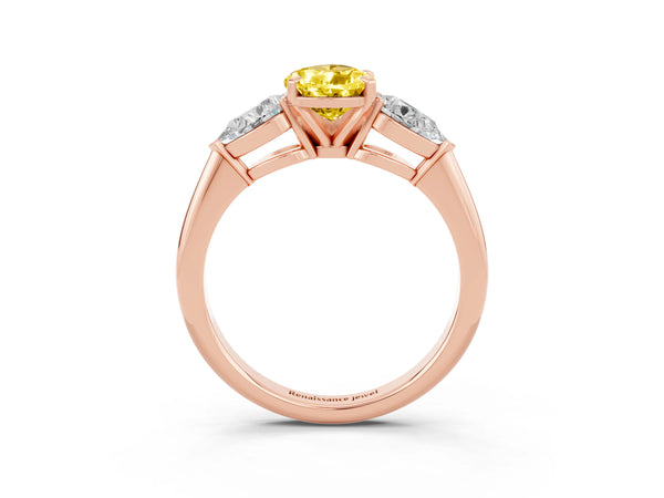 Rose gold Three-Stone Pear Cut Yellow Sapphire Ring with Pear Side Stones and Four-Prong Setting