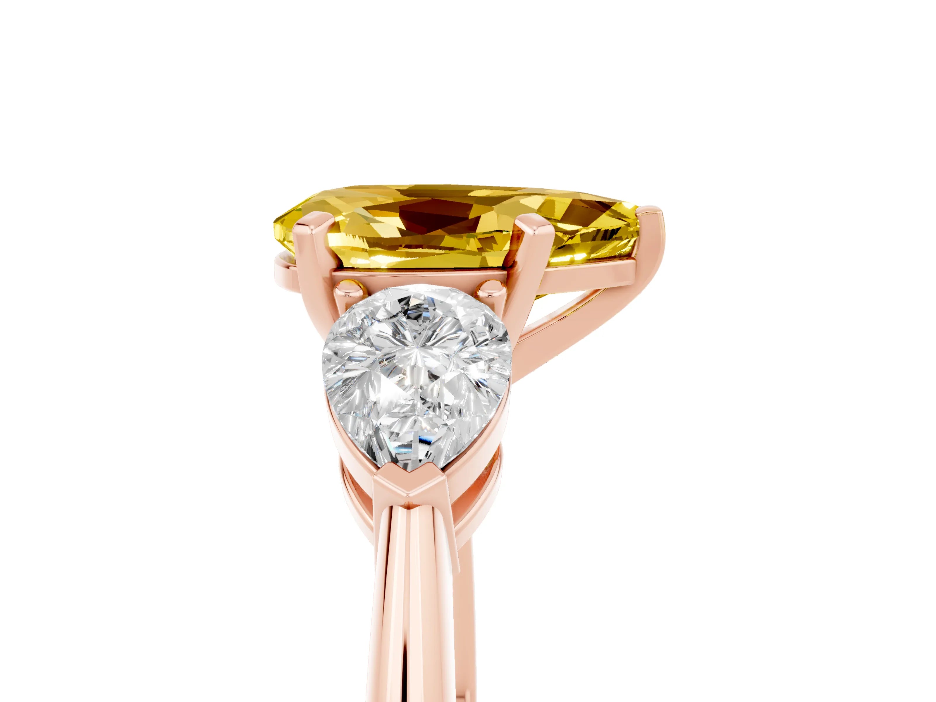 Rose gold Three-Stone Pear Cut Yellow Sapphire Ring with Pear Side Stones and Four-Prong Setting_29