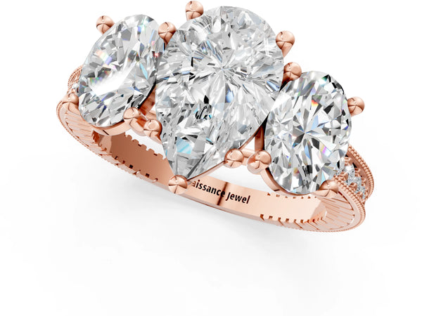 Rose Gold Pear-Shaped Three-Stone Vintage Engagement Ring Setting with Graduated Milgrain Pave Band