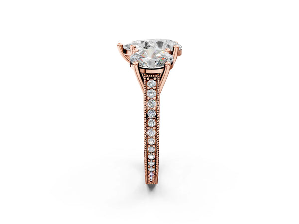 Rose Gold Pear-Shaped Three-Stone Vintage Engagement Ring Setting with Graduated Milgrain Pave Band