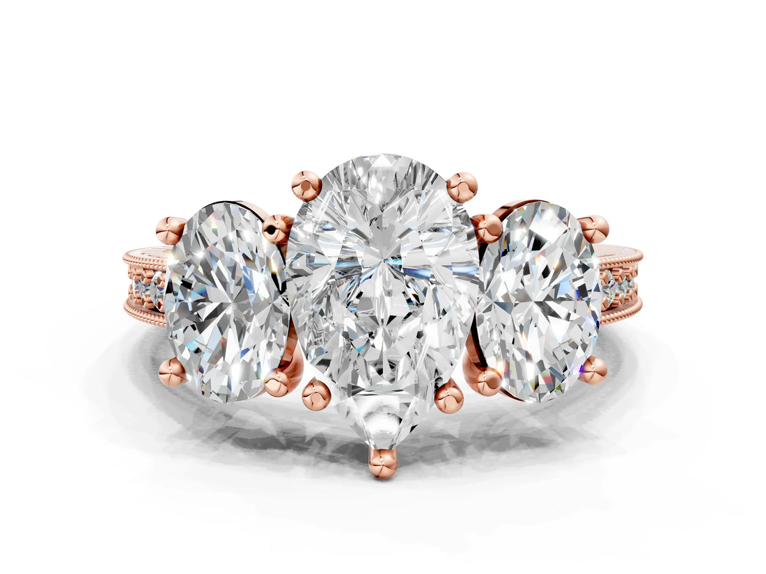 Rose gold Three-Stone Pear Diamond Milgrain Pave Band with Prong Setting