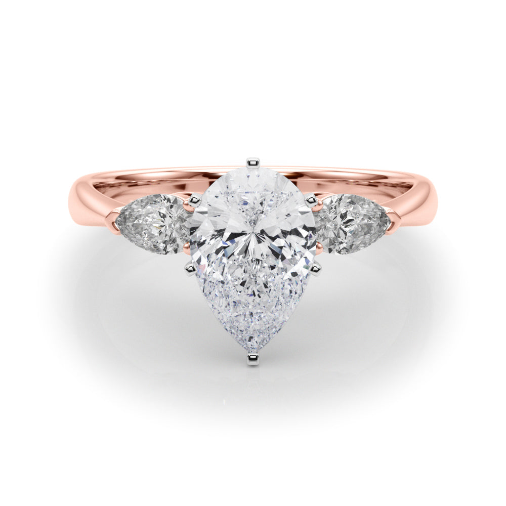 Rose gold Three-Stone Pear Diamond Ring with Pear Side Stones on a Platinum Band with Four-Prong Setting 1