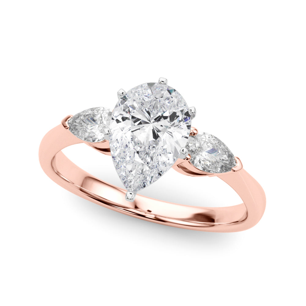 Rose gold Three-Stone Pear Diamond Ring with Pear Side Stones on a Platinum Band with Four-Prong Setting