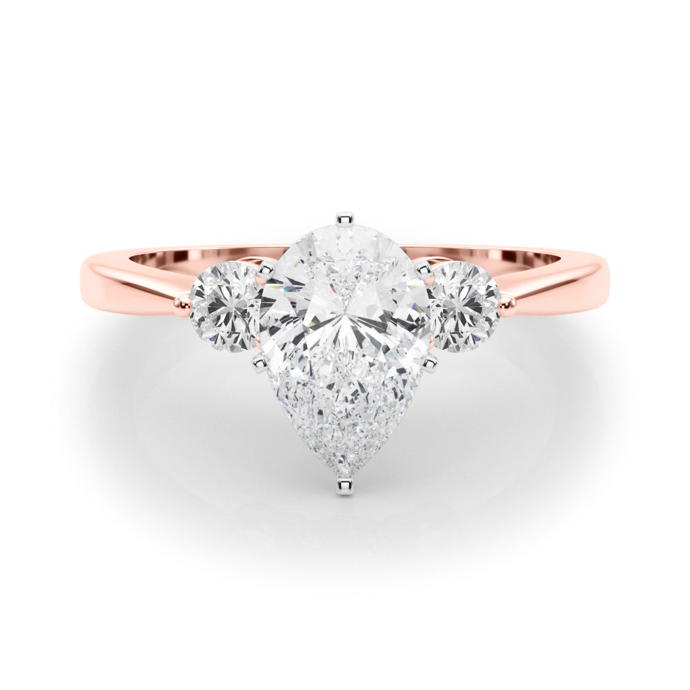 Rose gold Three-Stone Pear Solitaire Ring with Tapered Band and Six-Prong Setting 1