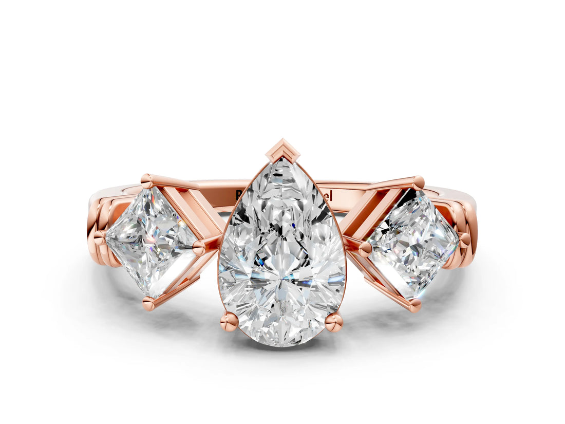 Rose gold Three-Stone Pear and Princess Cut Diamond Ring with Channel Band and Four-Prong Setting_16