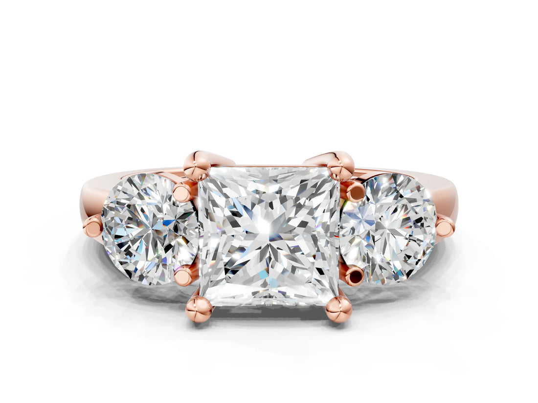 Rose gold Three-Stone Princess Brilliant Cut Solitaire Ring with Prong Setting on a Classic Band