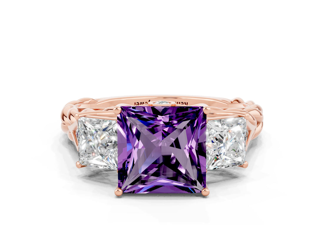 Rose gold Three-Stone Princess Cut Amethyst Braided Band Ring with Four-Prong Setting_45