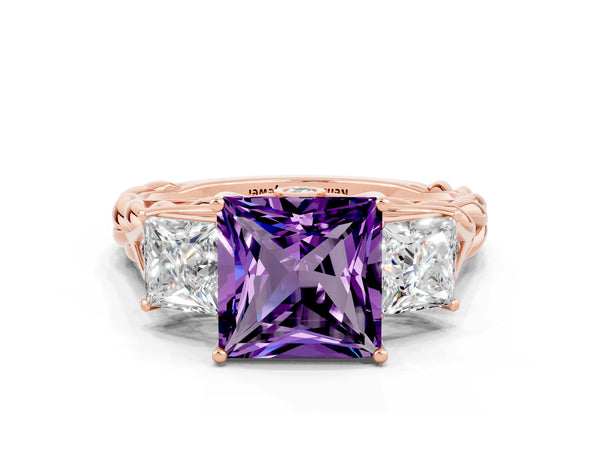 Rose gold Three-Stone Princess Cut Amethyst Braided Band Ring with Four-Prong Setting
