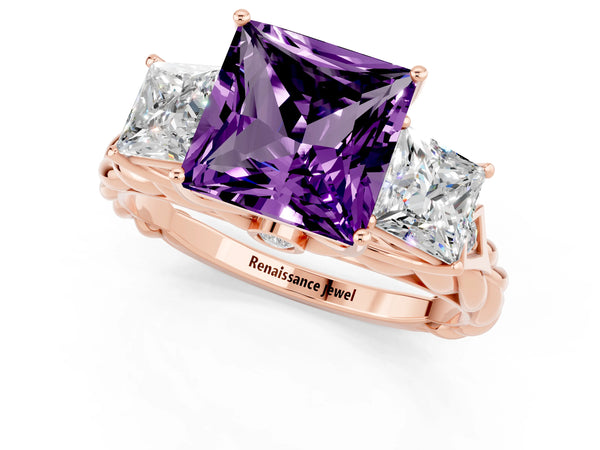Rose gold Three-Stone Princess Cut Amethyst Braided Band Ring with Four-Prong Setting