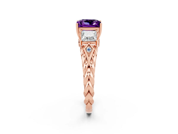 Rose gold Three-Stone Princess Cut Amethyst Braided Band Ring with Four-Prong Setting