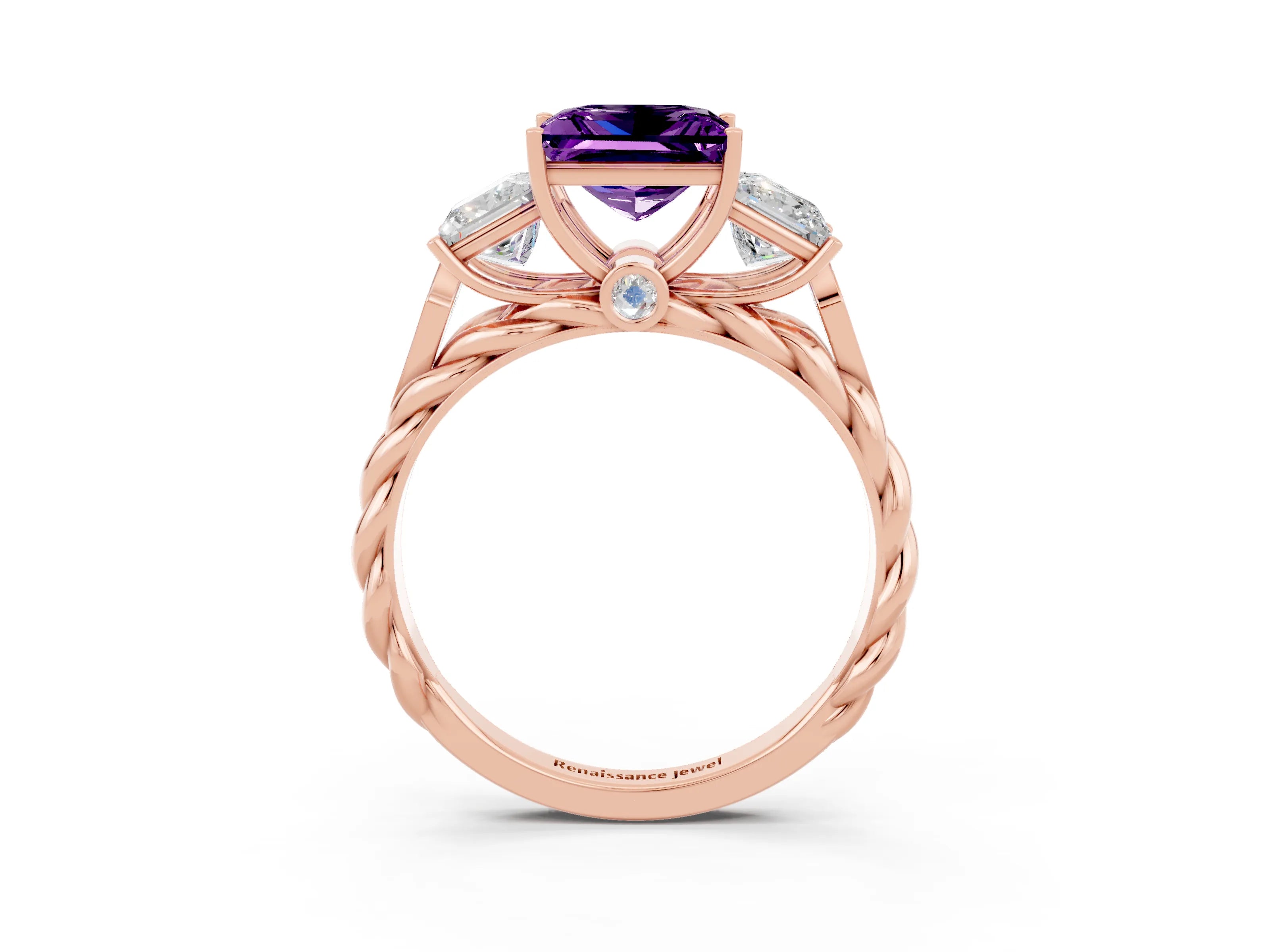 Rose gold Three-Stone Princess Cut Amethyst Braided Band Ring with Four-Prong Setting_48