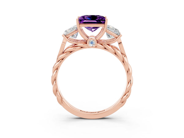Rose gold Three-Stone Princess Cut Amethyst Braided Band Ring with Four-Prong Setting