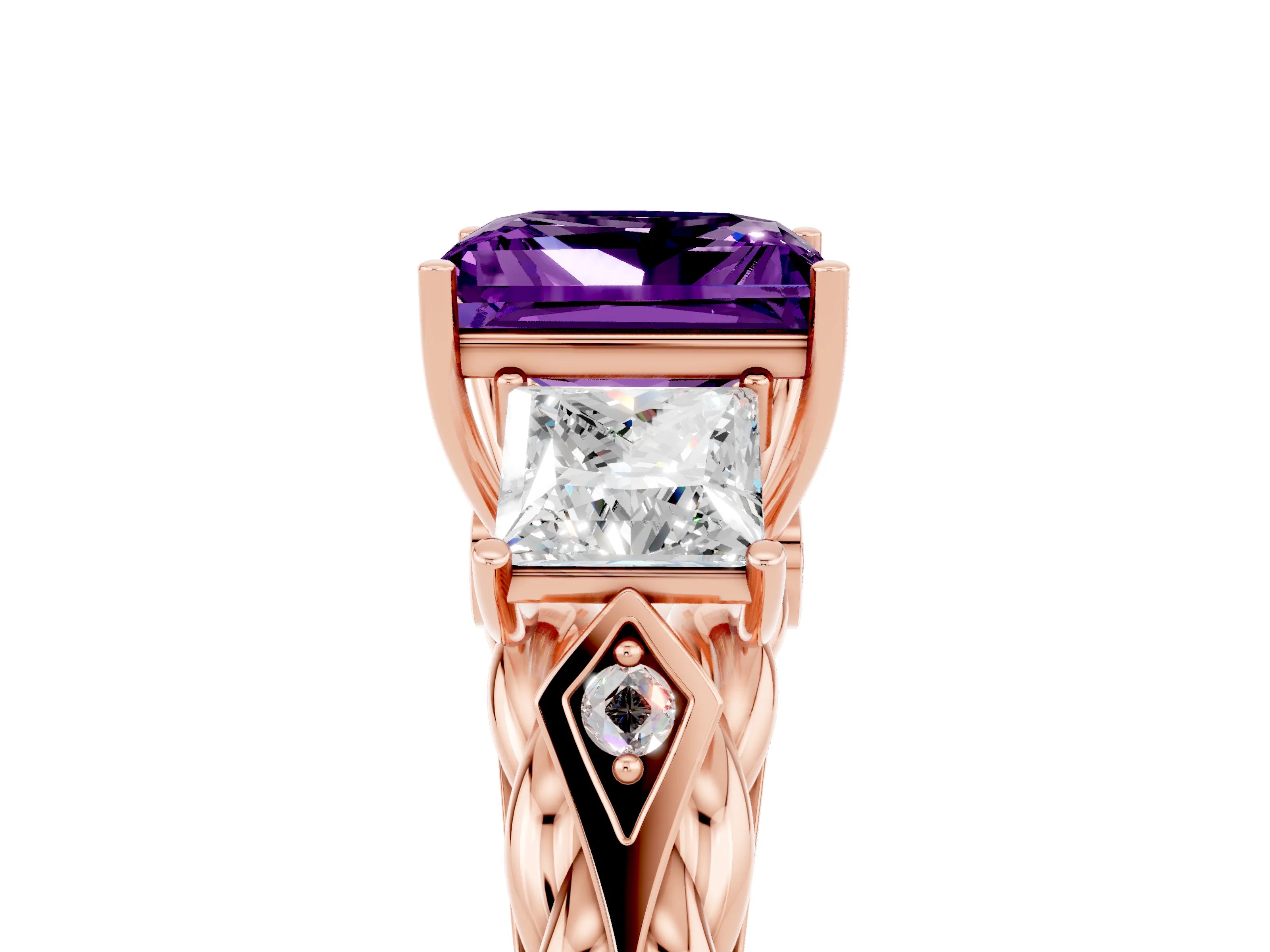 Rose gold Three-Stone Princess Cut Amethyst Braided Band Ring with Four-Prong Setting_50