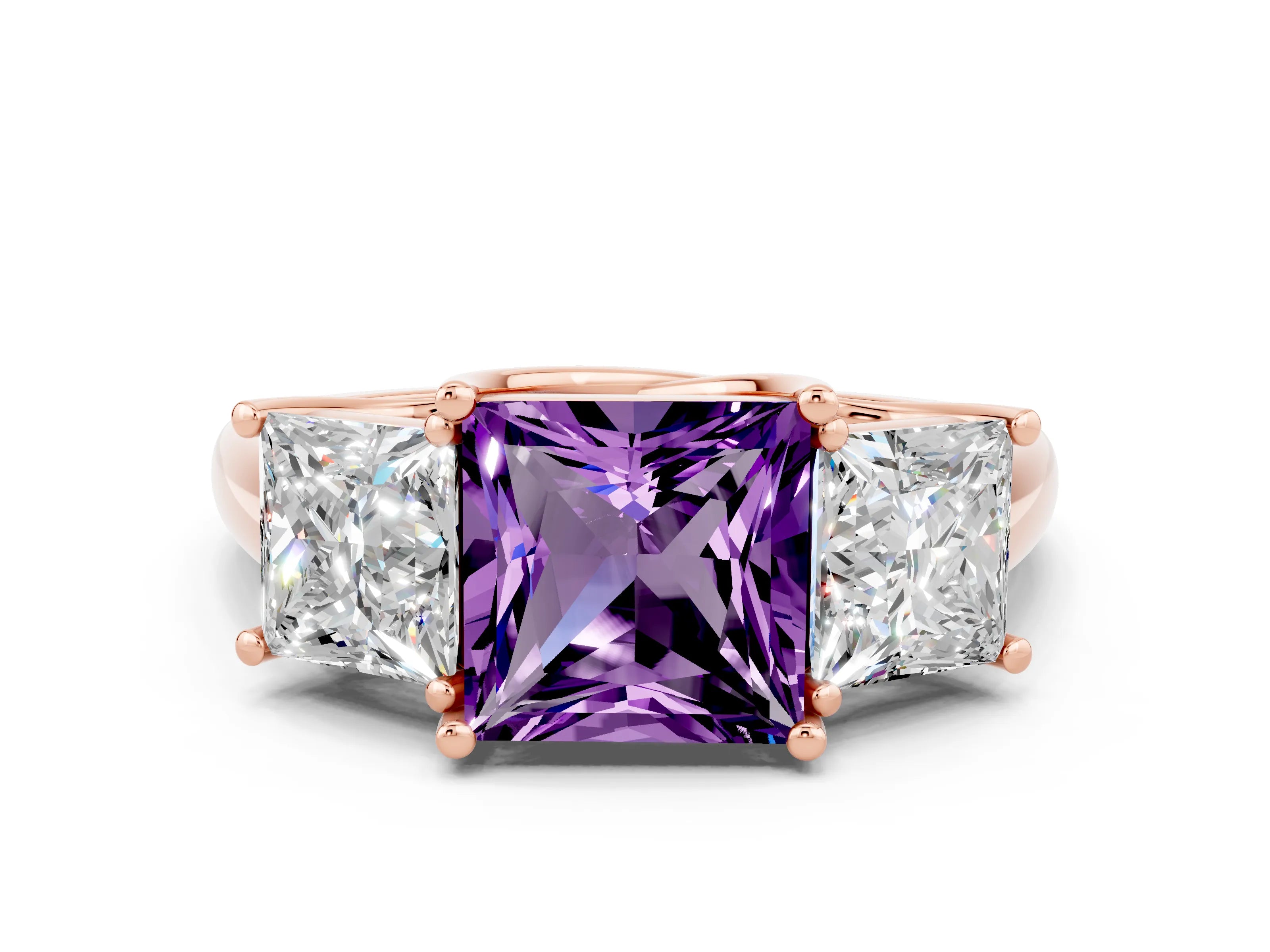 Rose gold Three-Stone Princess Cut Amethyst Engagement Ring with Prong Setting
