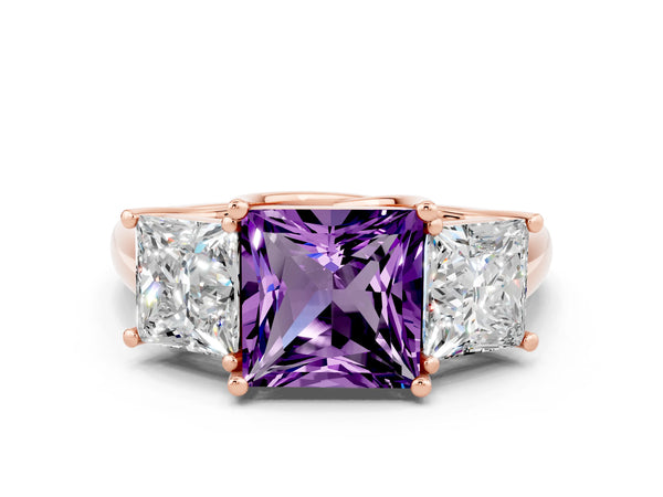 Rose gold Three-Stone Princess Cut Amethyst Engagement Ring with Prong Setting
