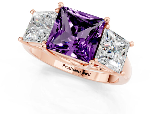 Rose gold Three-Stone Princess Cut Amethyst Engagement Ring with Prong Setting