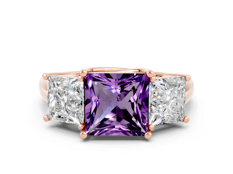 Rose gold Three-Stone Princess Cut Amethyst Engagement Ring with Prong Setting
