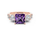 Rose gold Three-Stone Princess Cut Amethyst Pavé Band with Four-Prong Setting