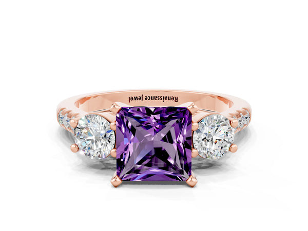 Rose gold Three-Stone Princess Cut Amethyst Pavé Band with Four-Prong Setting