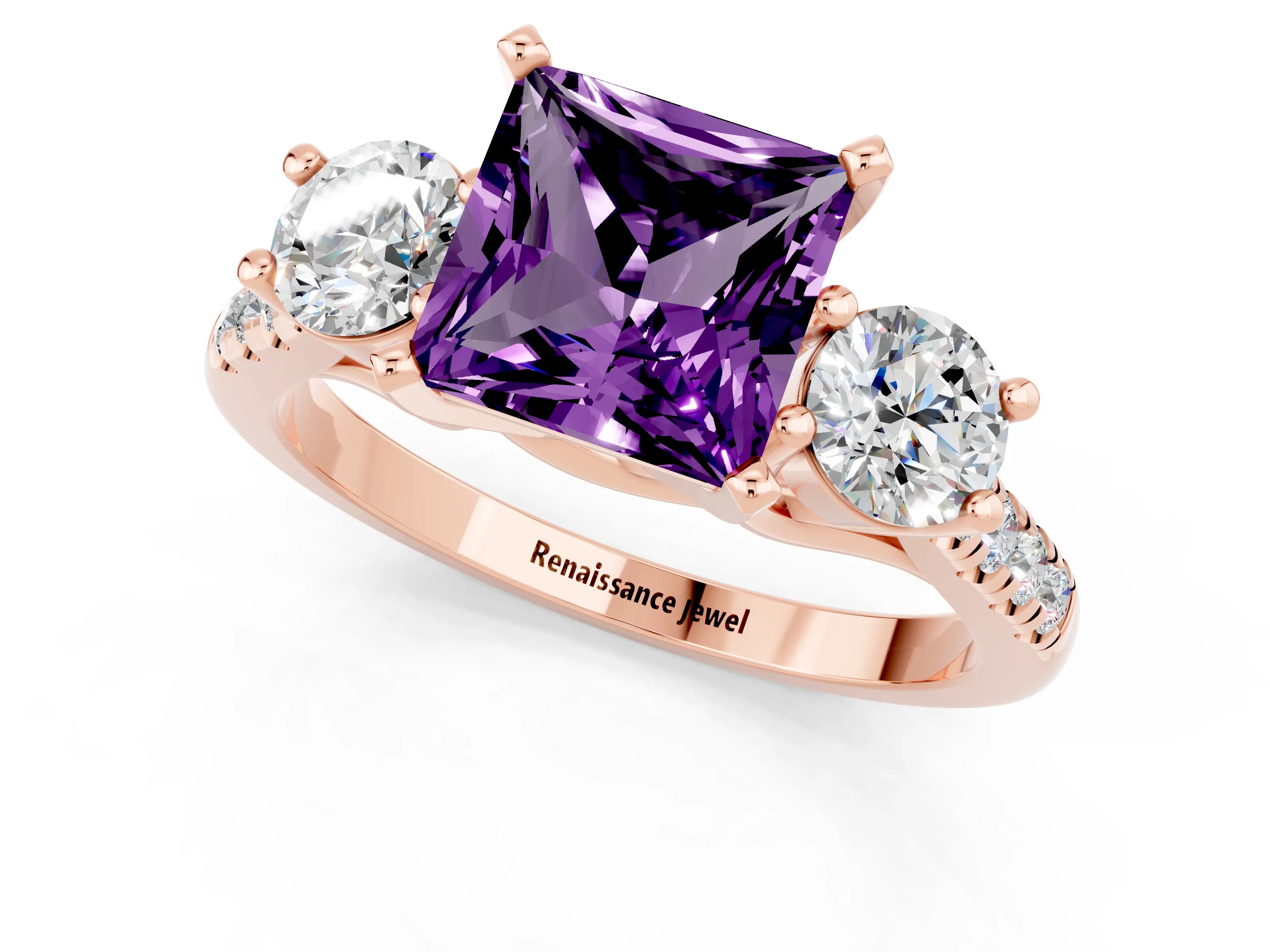 Rose gold Three-Stone Princess Cut Amethyst Pavé Band with Four-Prong Setting_1