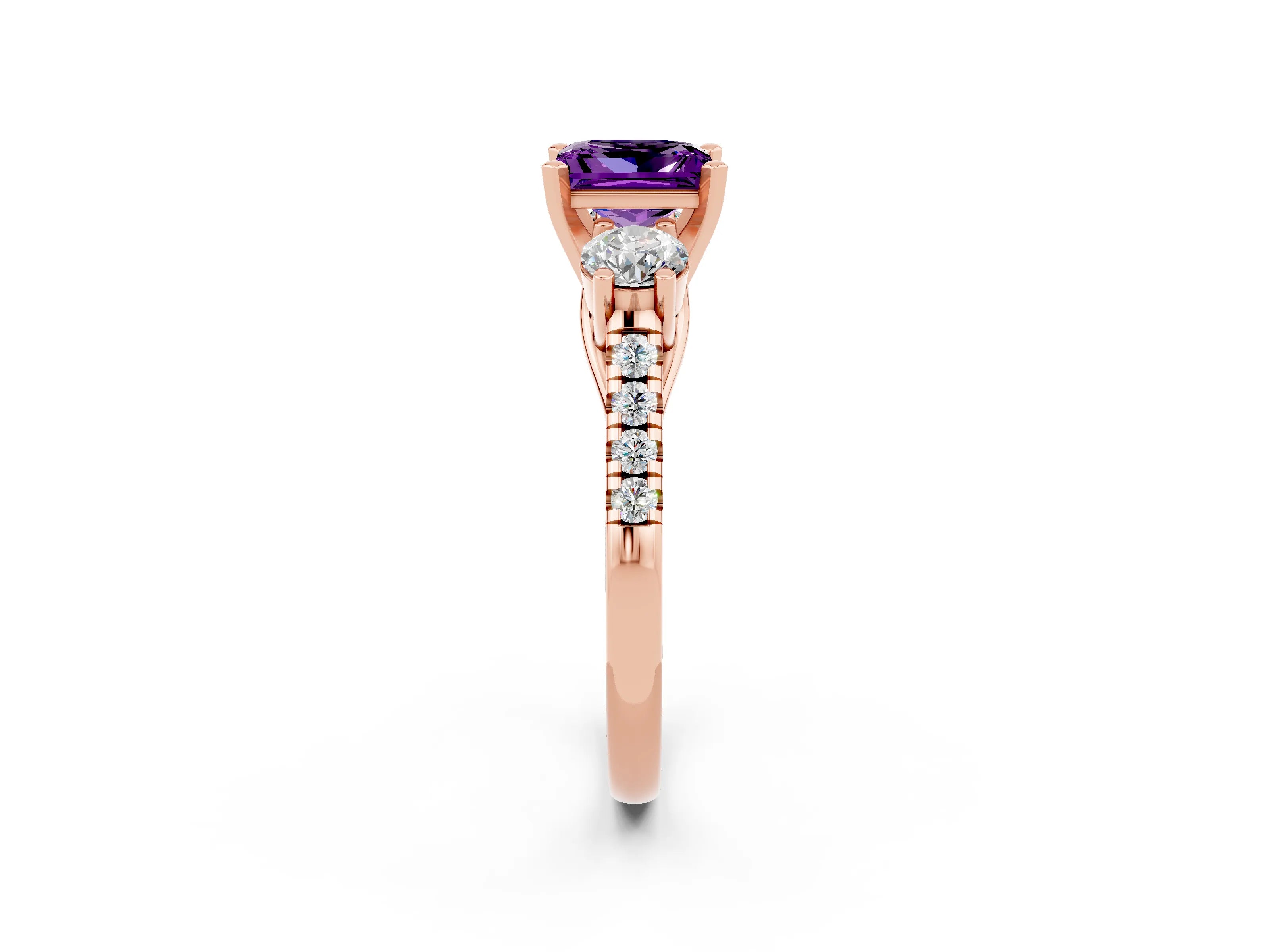 Rose gold Three-Stone Princess Cut Amethyst Pavé Band with Four-Prong Setting_2