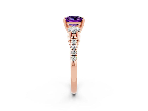 Rose gold Three-Stone Princess Cut Amethyst Pavé Band with Four-Prong Setting