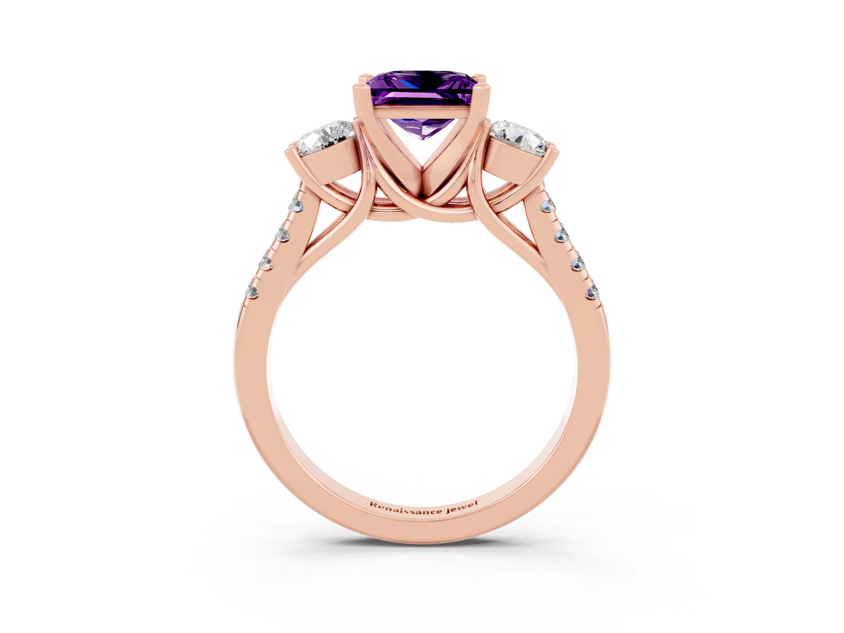 Rose gold Three-Stone Princess Cut Amethyst Pavé Band with Four-Prong Setting_3