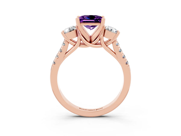 Rose gold Three-Stone Princess Cut Amethyst Pavé Band with Four-Prong Setting