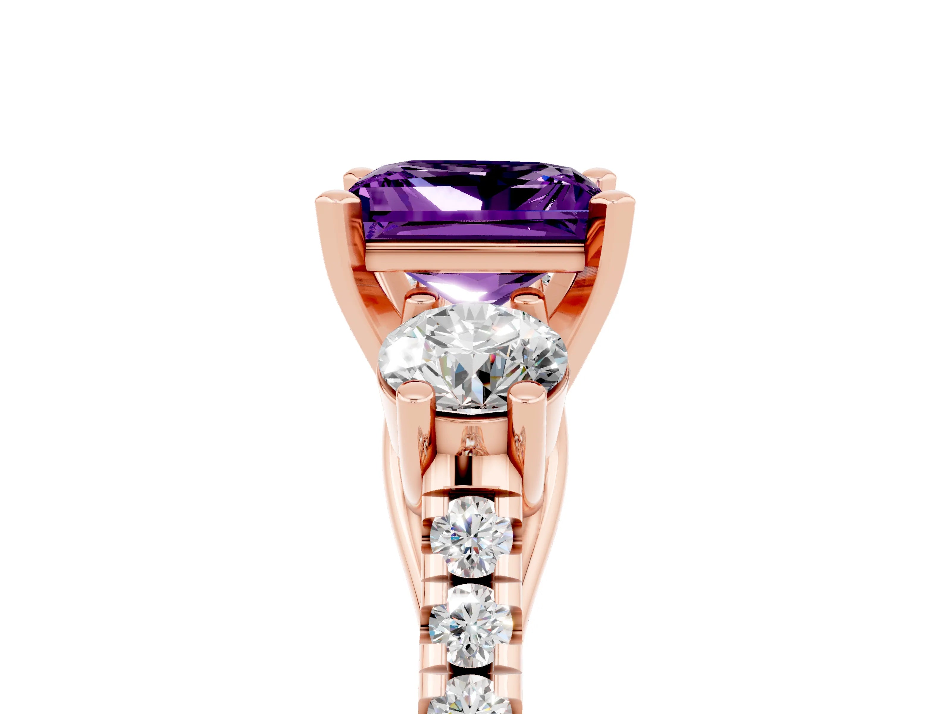 Rose gold Three-Stone Princess Cut Amethyst Pavé Band with Four-Prong Setting_5