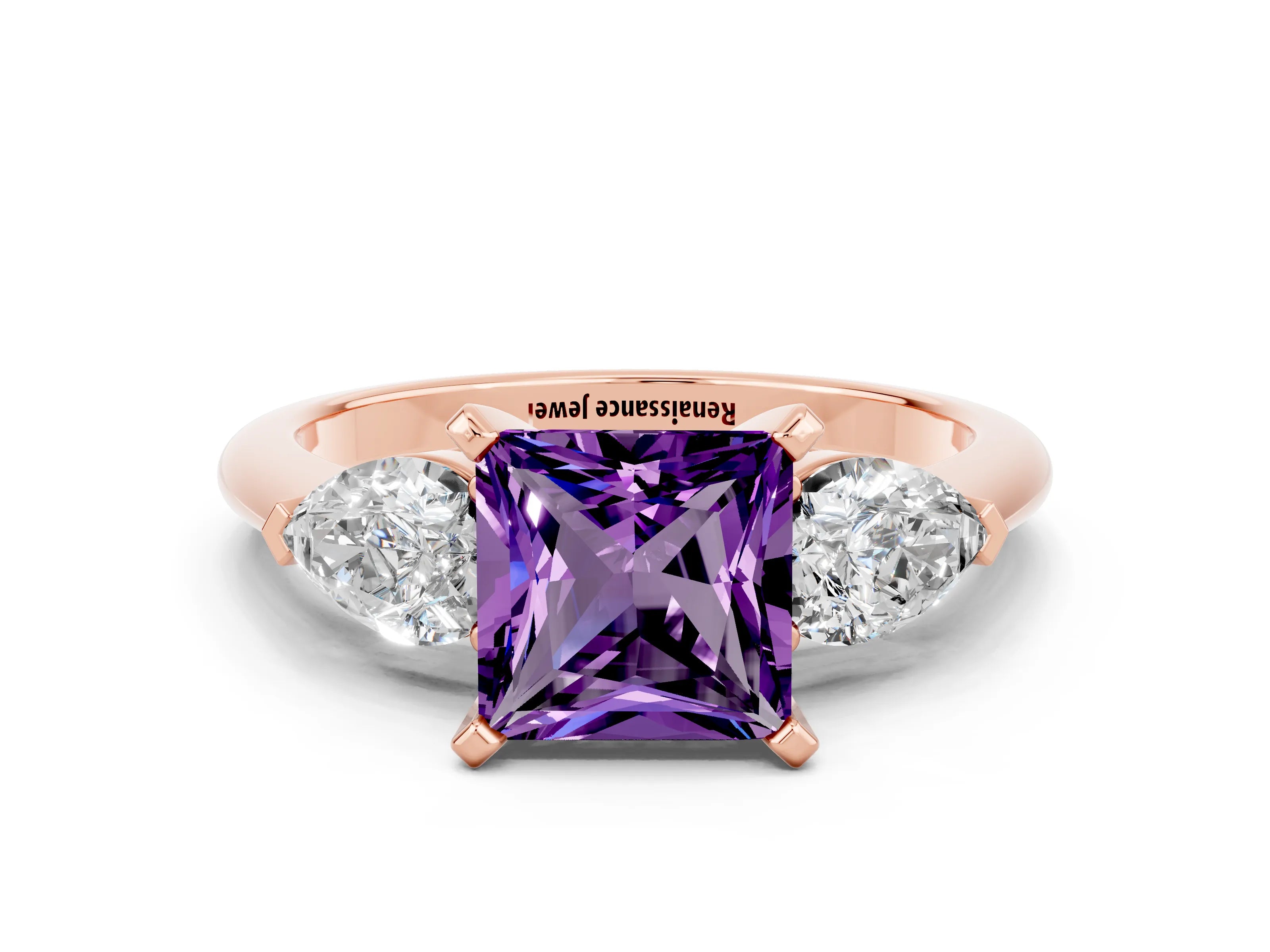 Rose gold Three-Stone Princess Cut Amethyst Ring with Pear Side Stones and Four-Prong Setting