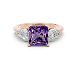 Rose gold Three-Stone Princess Cut Amethyst Ring with Pear Side Stones and Four-Prong Setting