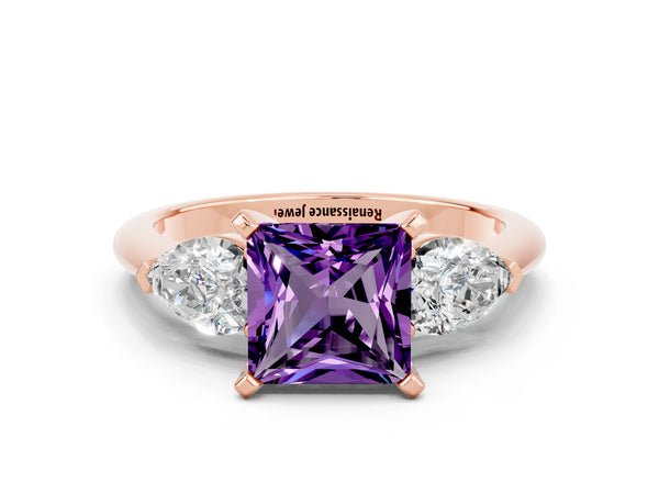 Rose gold Three-Stone Princess Cut Amethyst Ring with Pear Side Stones and Four-Prong Setting