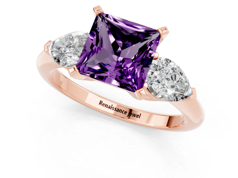 Rose gold Three-Stone Princess Cut Amethyst Ring with Pear Side Stones and Four-Prong Setting_1