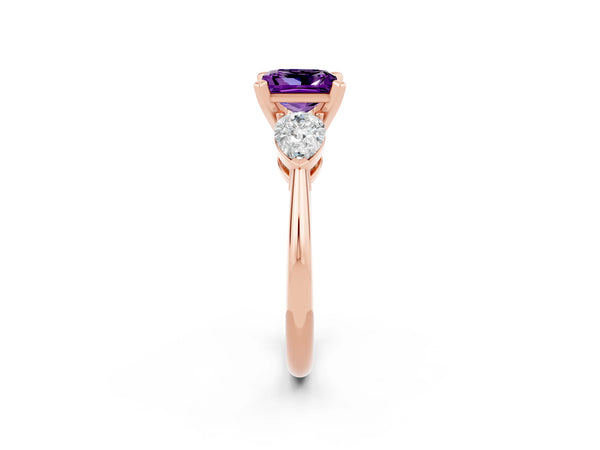 Rose gold Three-Stone Princess Cut Amethyst Ring with Pear Side Stones and Four-Prong Setting