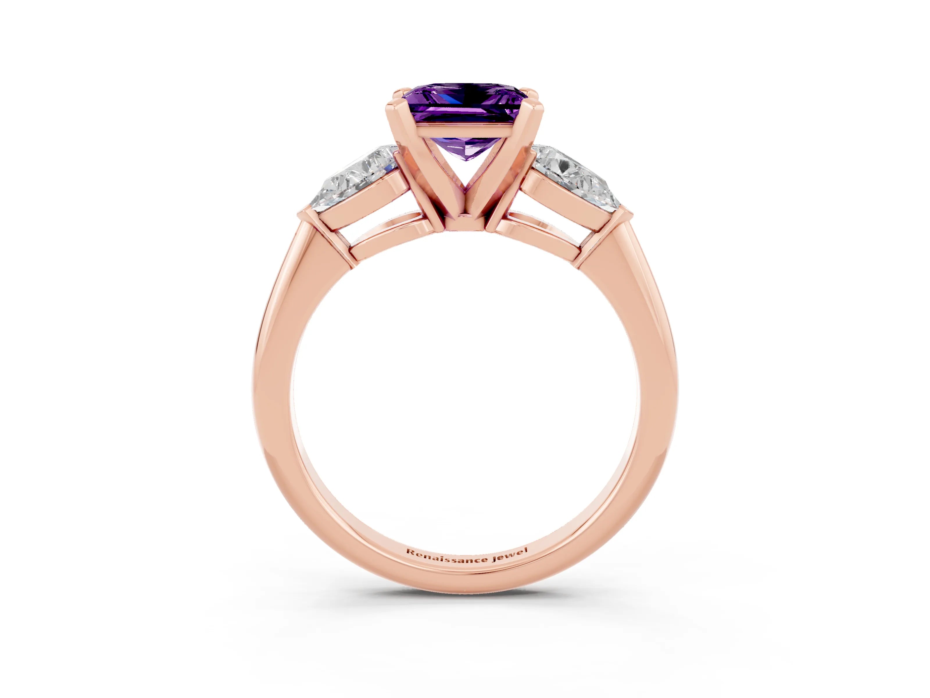 Rose gold Three-Stone Princess Cut Amethyst Ring with Pear Side Stones and Four-Prong Setting_3
