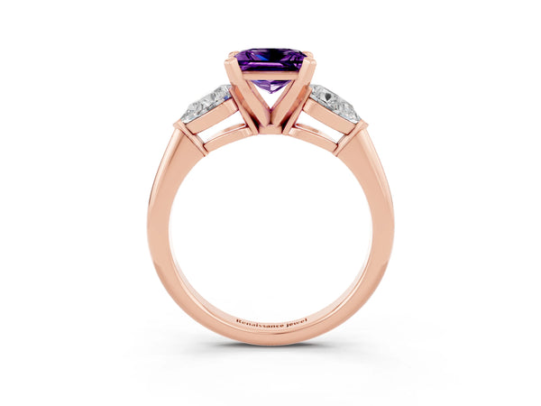 Rose gold Three-Stone Princess Cut Amethyst Ring with Pear Side Stones and Four-Prong Setting