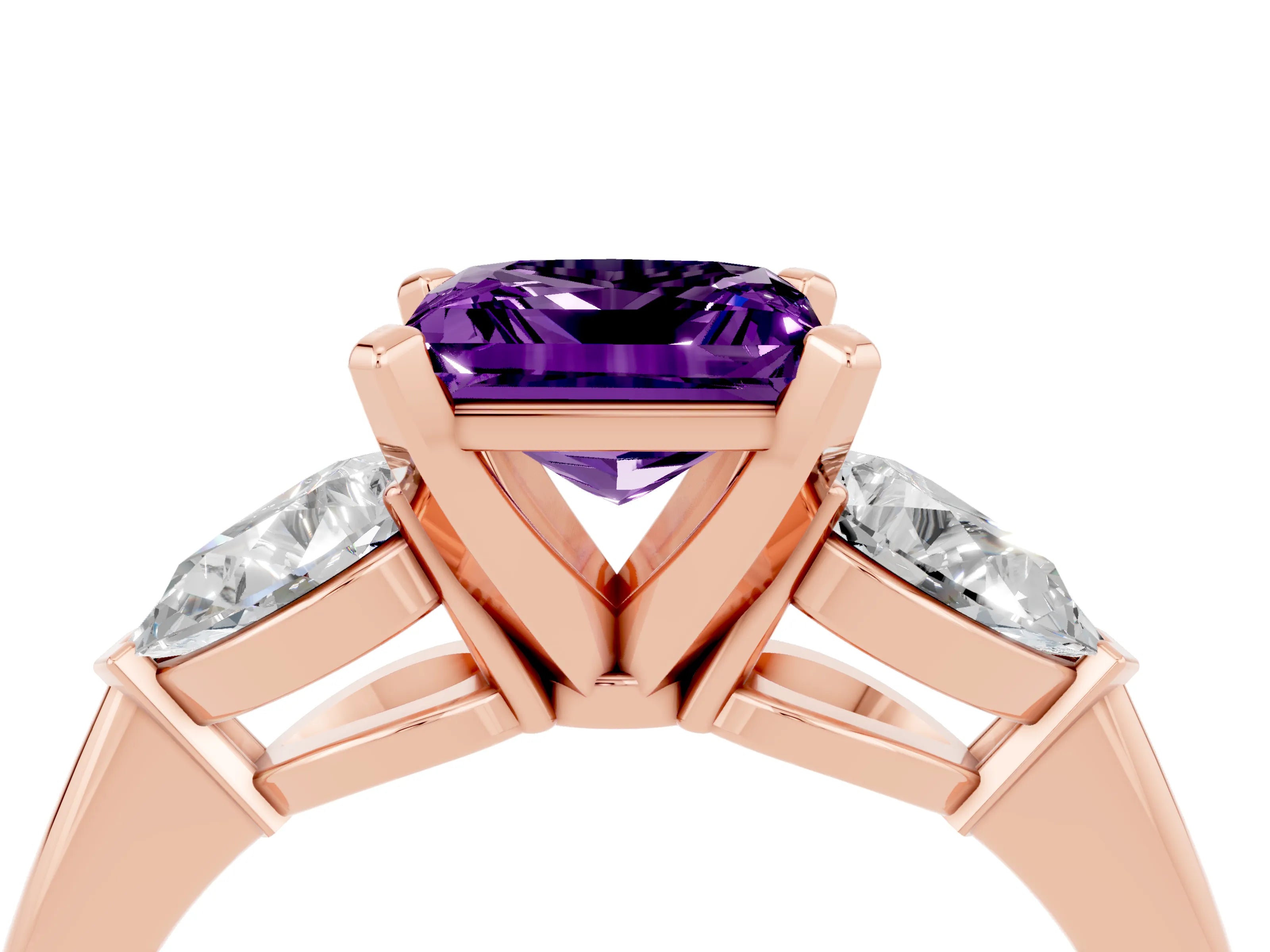 Rose gold Three-Stone Princess Cut Amethyst Ring with Pear Side Stones and Four-Prong Setting_4