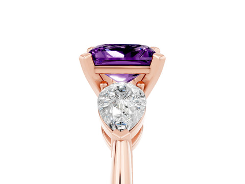Rose gold Three-Stone Princess Cut Amethyst Ring with Pear Side Stones and Four-Prong Setting_5