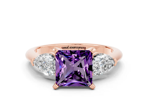 Rose gold Three-Stone Princess Cut Amethyst Ring with Pear Side Stones and Four-Prong Setting
