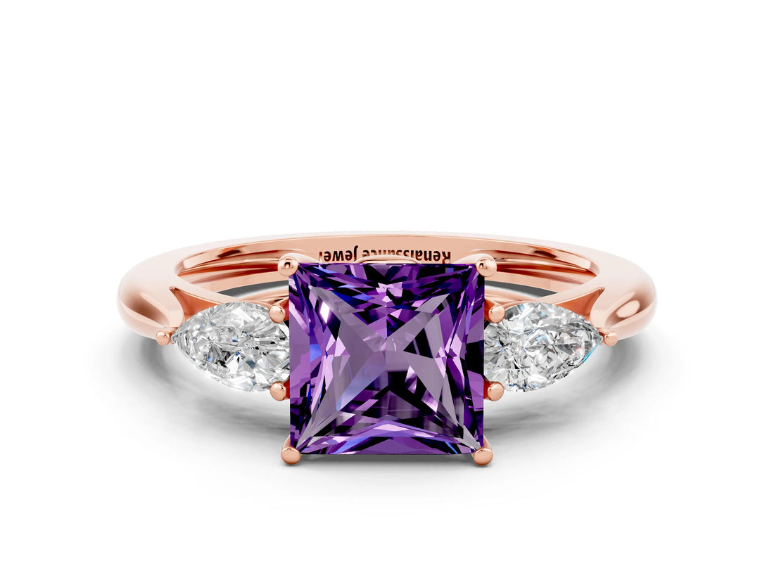 Rose gold Three-Stone Princess Cut Amethyst Ring with Pear  Side Stones in Four-Prong Setting_12