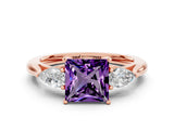 Rose gold Three-Stone Princess Cut Amethyst Ring with Pear  Side Stones in Four-Prong Setting_12